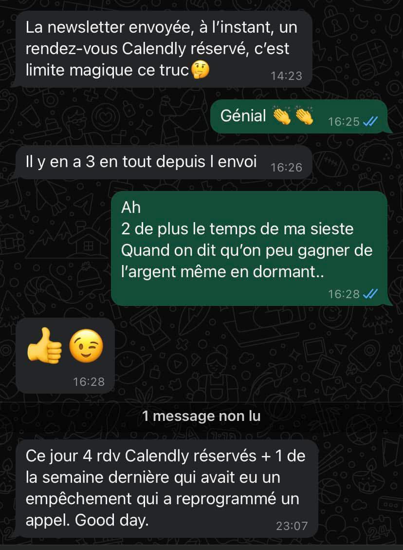Newsletter envoyée, 4 RDV Calendly réservés dans la journée